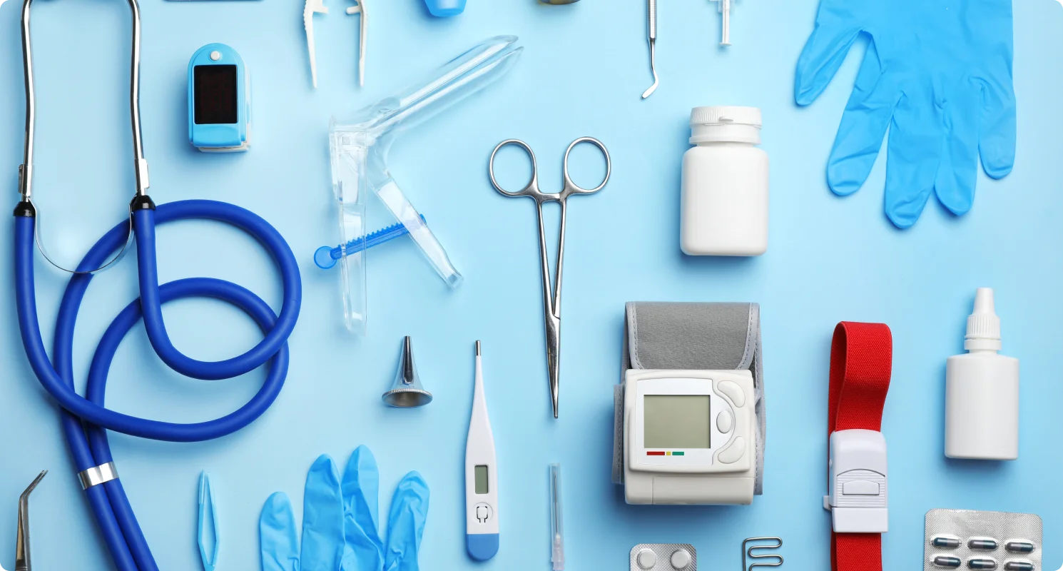 Surgical equipment on a table.